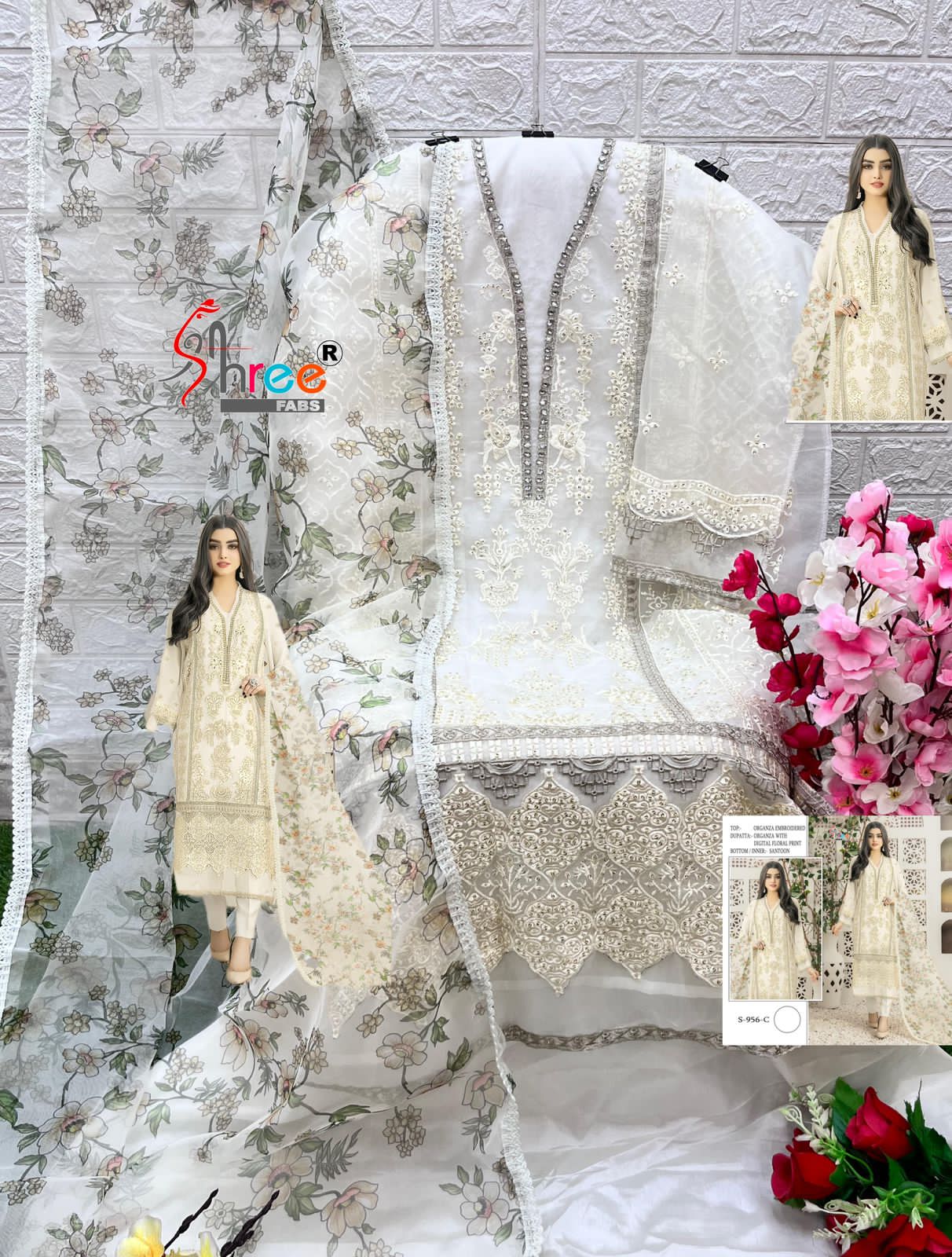 S 956 By Shree Organza Embroidery Pakistani Suits Wholesale Market In Surat